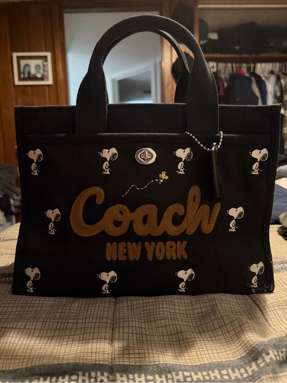 Coach Black Canvas Tote with Brown Logo and White Snoopy Print